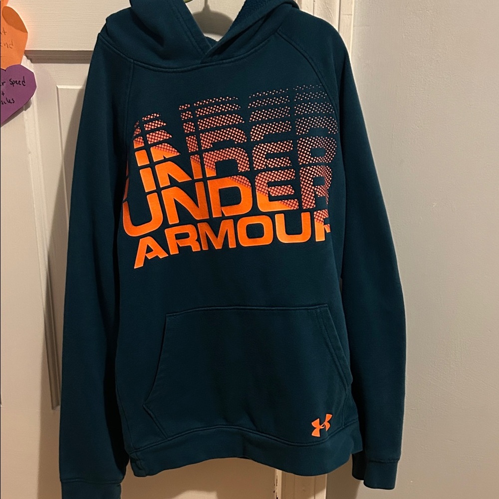 Boys size M hoodie Under Armour Dark Teal Hoodie with Vibrant Orange Accents